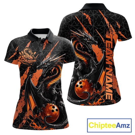Custom Black And Orange Dragon Bowling Women Polo Shirts, Team Bowling Jerseys IPHW10748