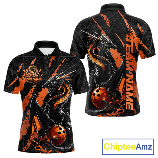 Custom Black And Orange Dragon Bowling Men Polo Shirts, Team Bowling Jerseys IPHW10748