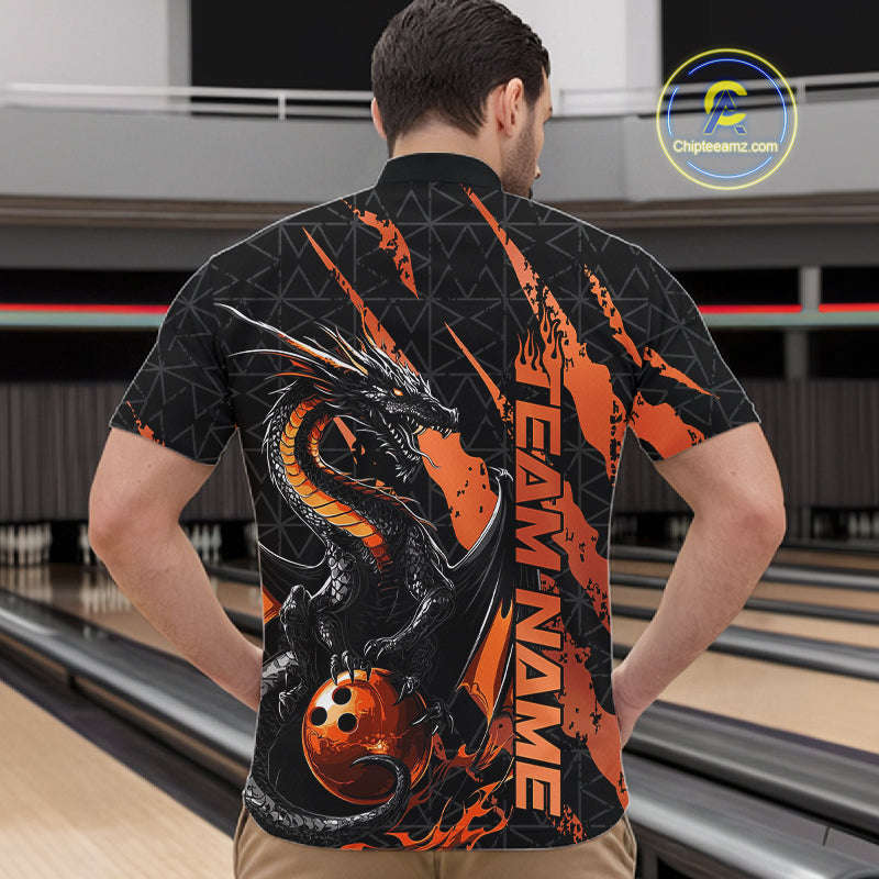Custom Black And Orange Dragon Bowling Men Quarter-Zip Shirts, Team Bowling Jerseys IPHW10748