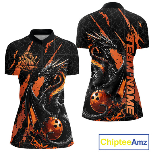 Custom Black And Orange Dragon Bowling Women Quarter-Zip Shirts, Team Bowling Jerseys IPHW10748
