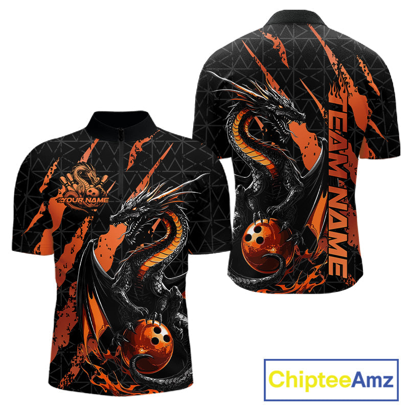 Custom Black And Orange Dragon Bowling Men Quarter-Zip Shirts, Team Bowling Jerseys IPHW10748