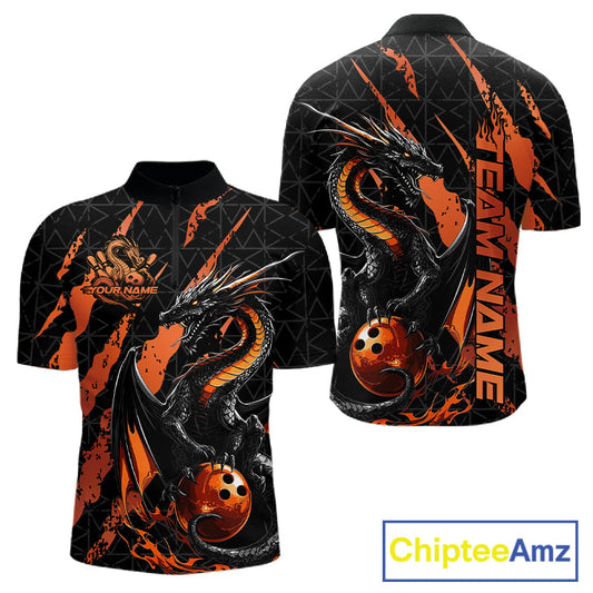 Custom Black And Orange Dragon Bowling Men Quarter-Zip Shirts, Team Bowling Jerseys IPHW10748
