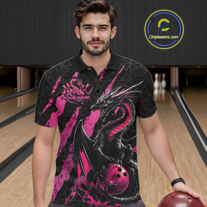 Custom Black And Pink Dragon Bowling Men Polo Shirts, Team Bowling Jerseys IPHW10749