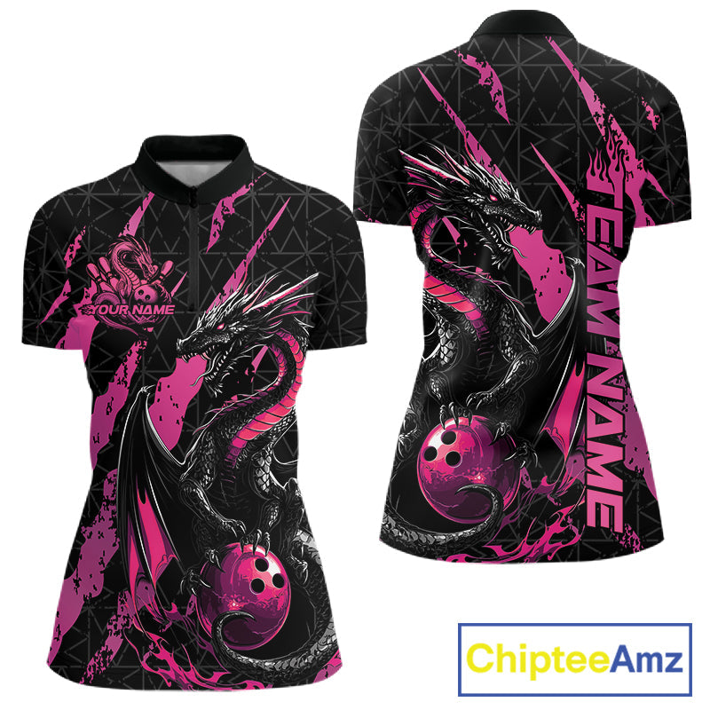 Custom Black And Pink Dragon Bowling Women Quarter-Zip Shirts, Team Bowling Jerseys IPHW10749