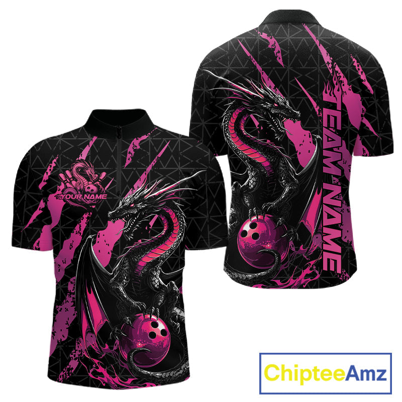 Custom Black And Pink Dragon Bowling Men Quarter-Zip Shirts, Team Bowling Jerseys IPHW10749