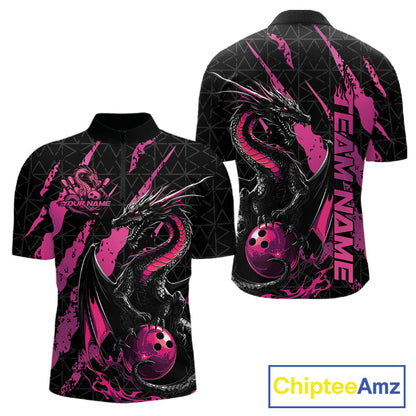 Custom Black And Pink Dragon Bowling Men Quarter-Zip Shirts, Team Bowling Jerseys IPHW10749