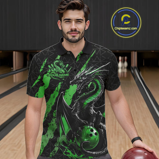 Custom Black And Green Dragon Bowling Men Polo Shirts, Team Bowling Jerseys IPHW10750