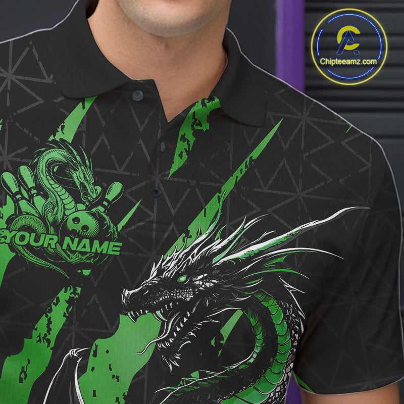 Custom Black And Green Dragon Bowling Men Polo Shirts, Team Bowling Jerseys IPHW10750
