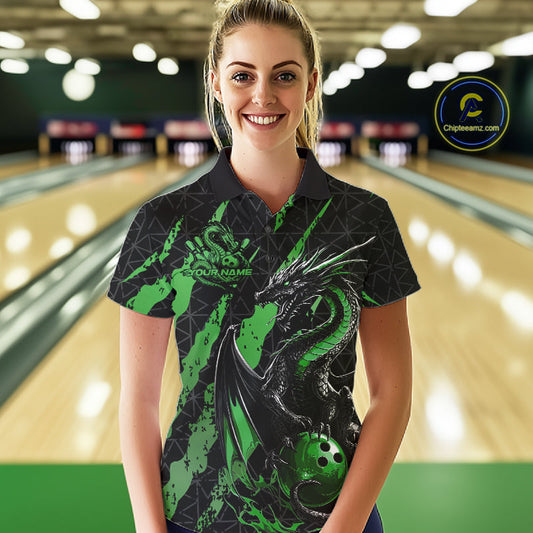 Custom Black And Green Dragon Bowling Women Polo Shirts, Team Bowling Jerseys IPHW10750