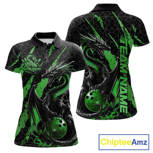 Custom Black And Green Dragon Bowling Women Polo Shirts, Team Bowling Jerseys IPHW10750