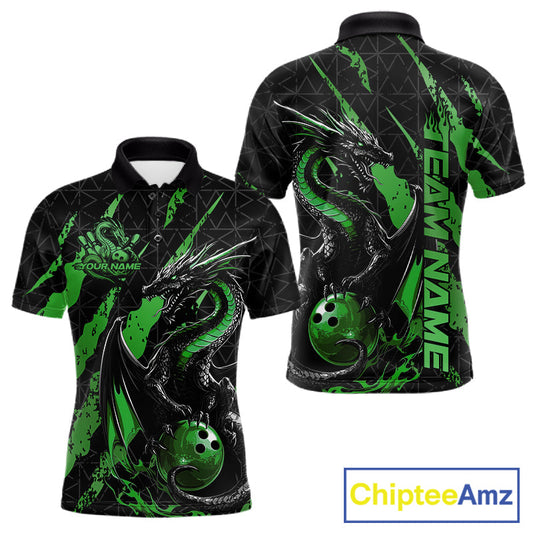 Custom Black And Green Dragon Bowling Men Polo Shirts, Team Bowling Jerseys IPHW10750