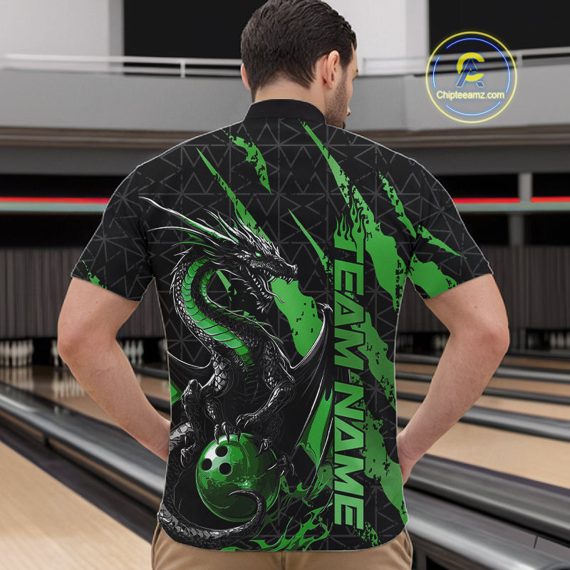 Custom Black And Green Dragon Bowling Men Quarter-Zip Shirts, Team Bowling Jerseys IPHW10750