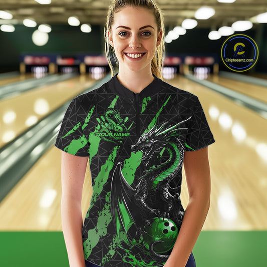 Custom Black And Green Dragon Bowling Women Quarter-Zip Shirts, Team Bowling Jerseys IPHW10750