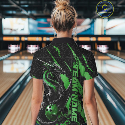 Custom Black And Green Dragon Bowling Women Quarter-Zip Shirts, Team Bowling Jerseys IPHW10750