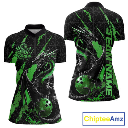 Custom Black And Green Dragon Bowling Women Quarter-Zip Shirts, Team Bowling Jerseys IPHW10750