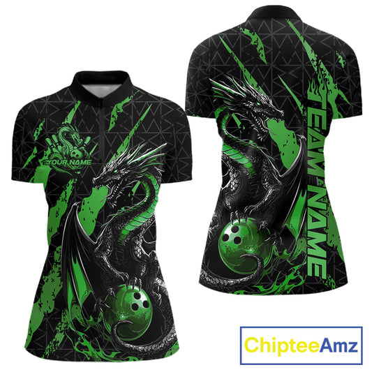Custom Black And Green Dragon Bowling Women Quarter-Zip Shirts, Team Bowling Jerseys IPHW10750