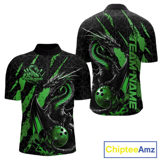 Custom Black And Green Dragon Bowling Men Quarter-Zip Shirts, Team Bowling Jerseys IPHW10750