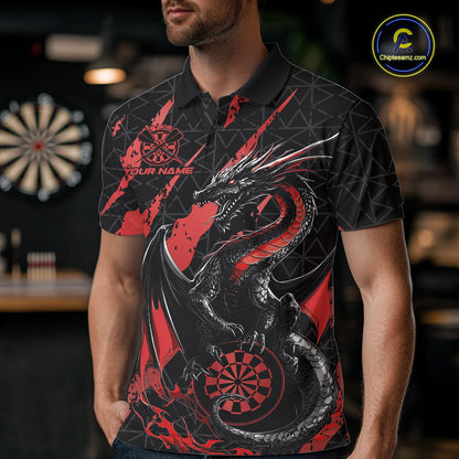 Custom Black And Red Dragon Dart Men Polo Shirts, Team Dart Jerseys IPHW10752