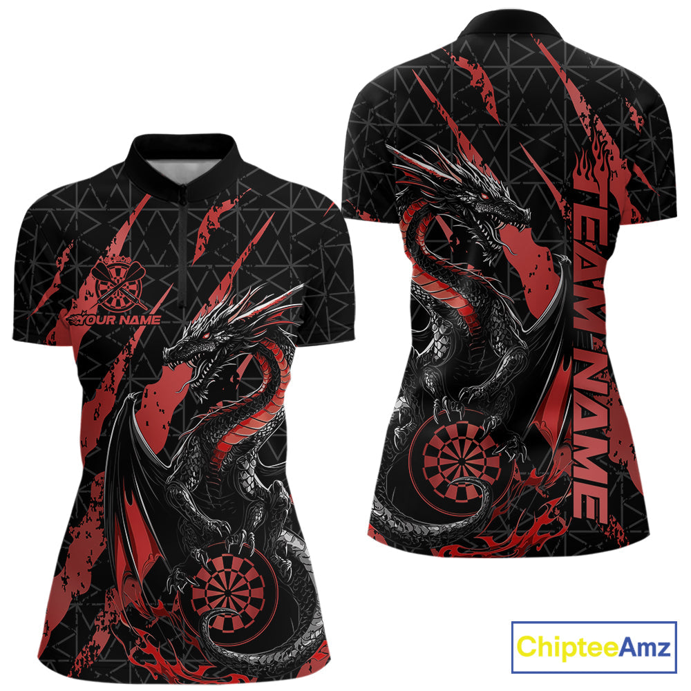 Custom Black And Red Dragon Dart Women Quarter-Zip Shirts, Team Dart Jerseys IPHW10752