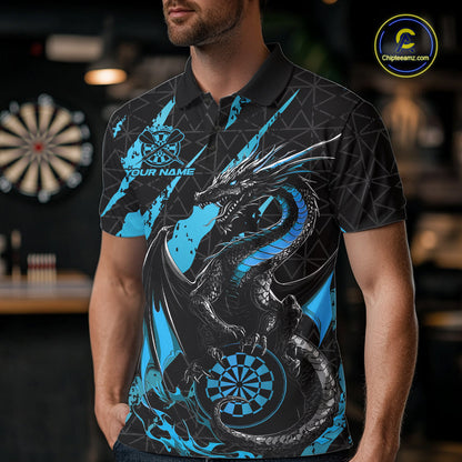 Custom Black And Blue Dragon Dart Men Polo Shirts, Team Dart Jerseys IPHW10753