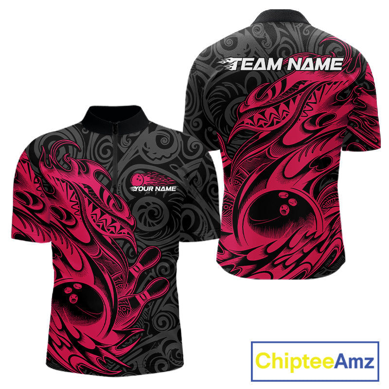Custom Black And Pink Tribal Polynesian Bowling Team Men Shirts, Niho Mano Bowling Shirt IPHW10755