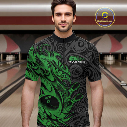 Custom Black And Green Tribal Polynesian Bowling Team Men Shirts, Niho Mano Bowling Shirt IPHW10757