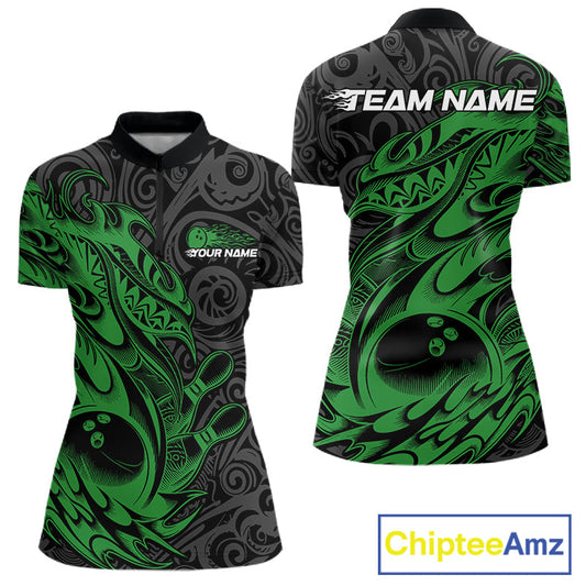 Custom Black And Green Tribal Polynesian Bowling Women Shirts, Niho Mano Bowling Shirt IPHW10757