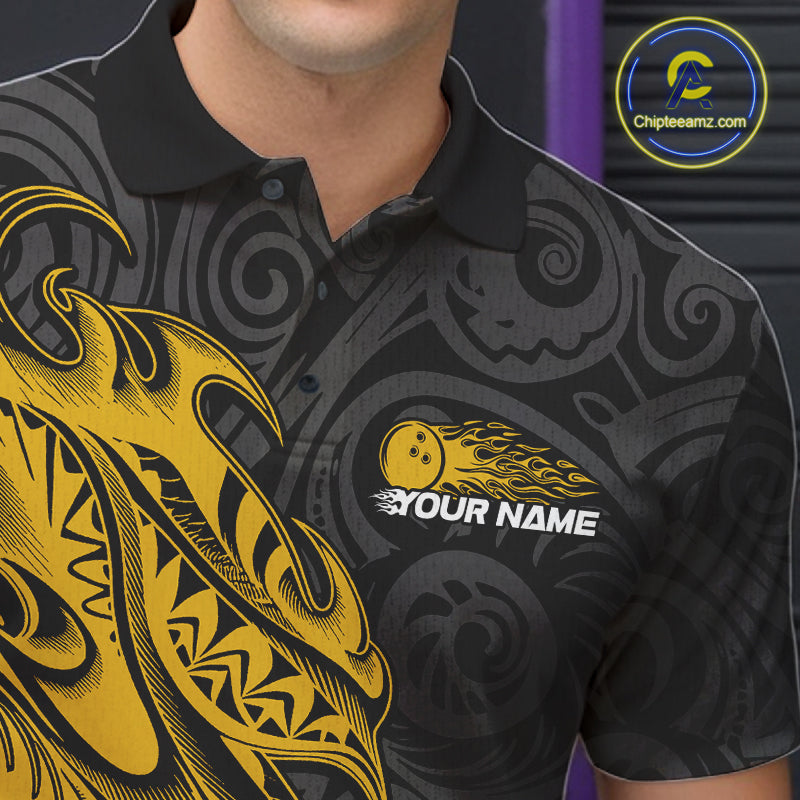 Custom Black And Yellow Tribal Polynesian Bowling Team Men Shirts, Niho Mano Bowling Shirt IPHW10758