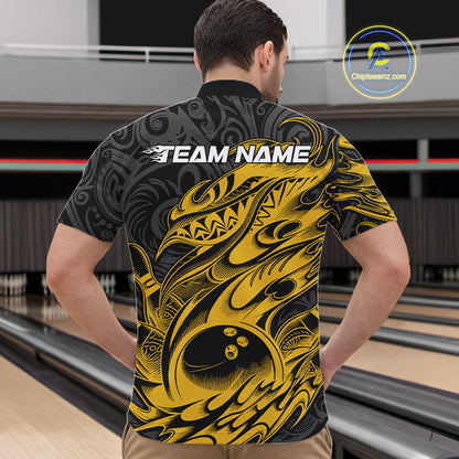 Custom Black And Yellow Tribal Polynesian Bowling Team Men Shirts, Niho Mano Bowling Shirt IPHW10758