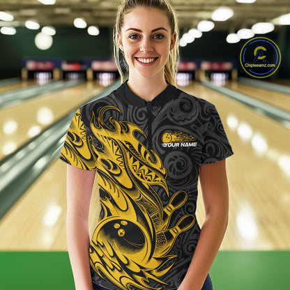Custom Black And Yellow Tribal Polynesian Bowling Women Shirts, Niho Mano Bowling Shirt IPHW10758