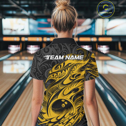 Custom Black And Yellow Tribal Polynesian Bowling Women Shirts, Niho Mano Bowling Shirt IPHW10758