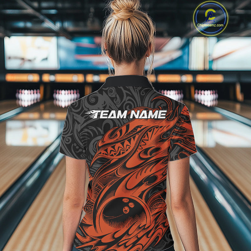 Custom Black And Orange Tribal Polynesian Bowling Women Shirts, Niho Mano Bowling Shirt IPHW10759