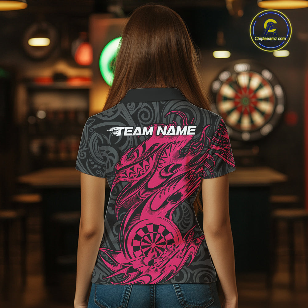 Custom Black And Pink Tribal Polynesian Dart Team Women Shirts, Niho Mano Dart Shirt IPHW10761
