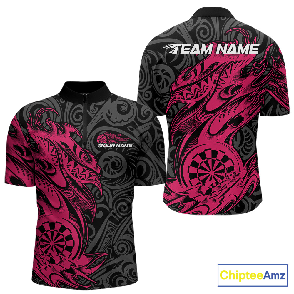 Custom Black And Pink Tribal Polynesian Dart Team Men Shirts, Niho Mano Dart Shirt IPHW10761
