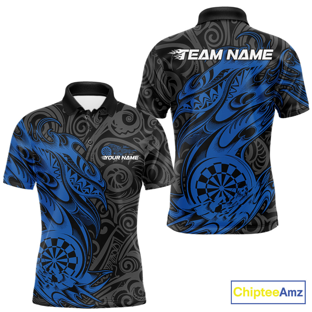 Custom Black And Blue Tribal Polynesian Dart Team Men Shirts, Niho Mano Dart Shirt IPHW10762