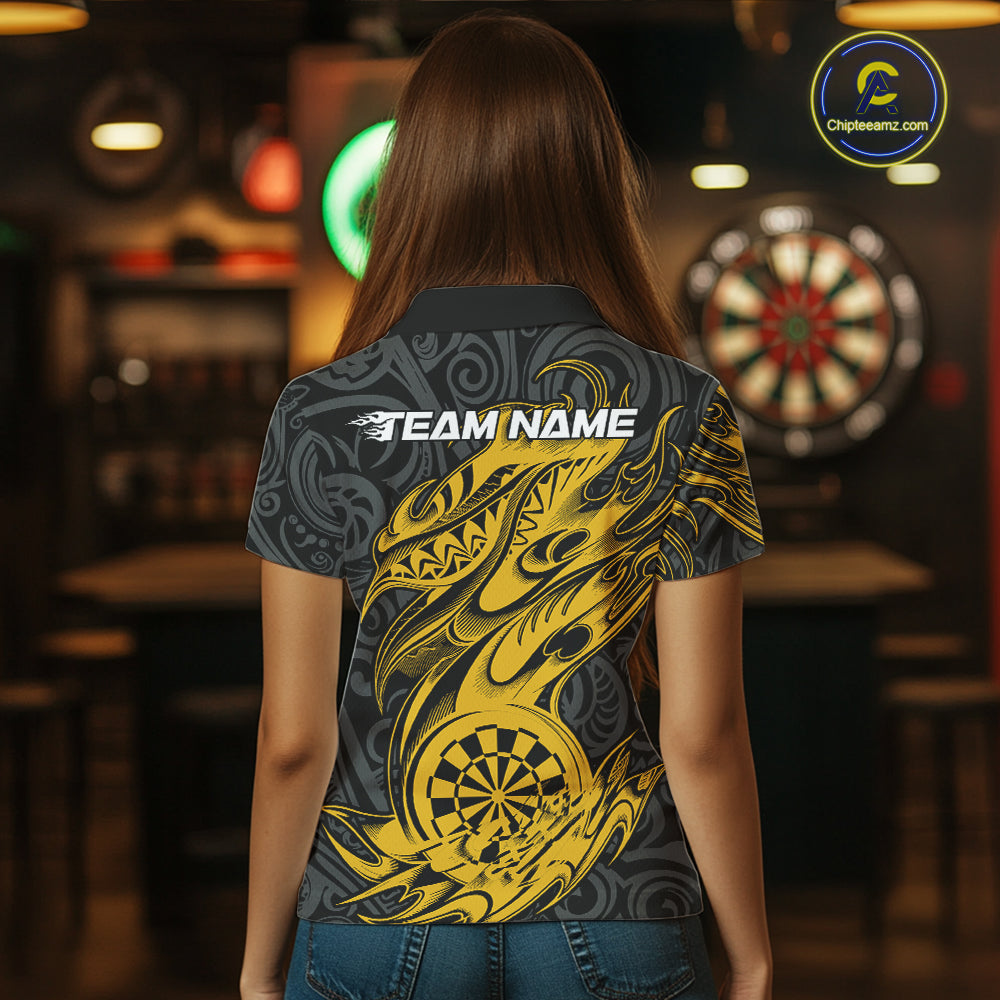 Custom Black And Yellow Tribal Polynesian Dart Team Women Shirts, Niho Mano Dart Shirt IPHW10763