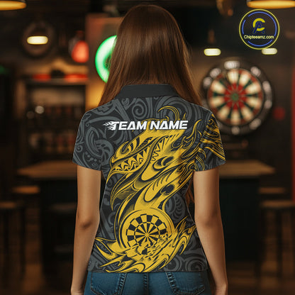 Custom Black And Yellow Tribal Polynesian Dart Team Women Shirts, Niho Mano Dart Shirt IPHW10763
