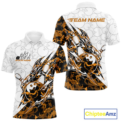 Front and back views of a white mens bowling polo shirt showcasing bowling ball and pin artwork with sharp orange camo streaks.