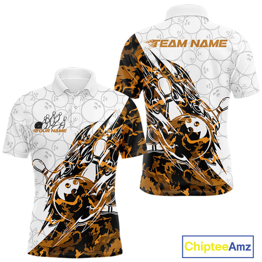 Front and back views of a white mens bowling polo shirt showcasing bowling ball and pin artwork with sharp orange camo streaks.