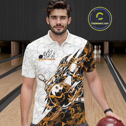 Male model wearing a white bowling polo shirt at the bowling lane with orange camo-inspired bowling graphics.