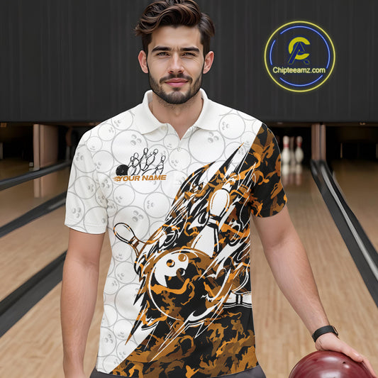 Male model wearing a white bowling polo shirt at the bowling lane with orange camo-inspired bowling graphics.