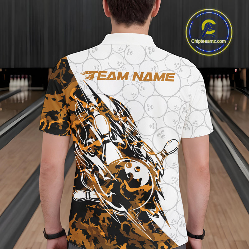 Back view of a male model in a white bowling polo shirt featuring orange camo streak accents and bowling artwork.