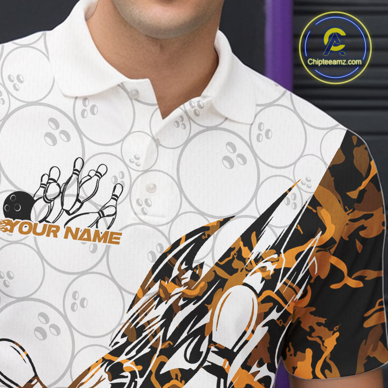 Left chest close-up of a white bowling polo shirt displaying orange camo bowling graphics and subtle ball patterns.