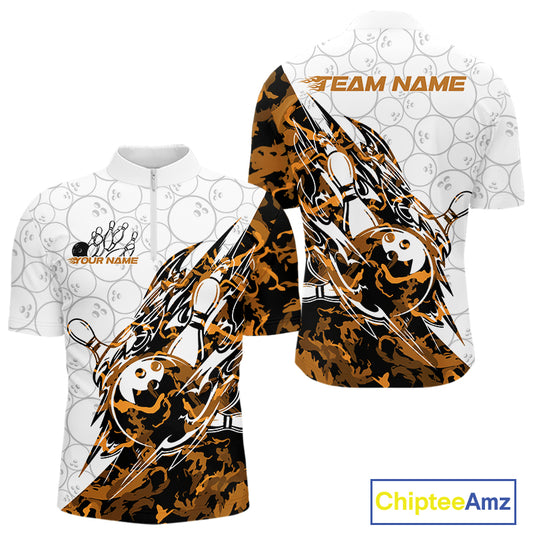 Front and back views of a white mens bowling quarter-zip shirt with bowling pins and a ball highlighted by sharp orange camo streaks.