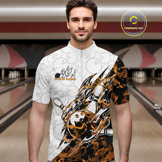 Male model wearing a white bowling quarter-zip shirt at the lane with orange camo-inspired bowling graphics and faint ball patterns.