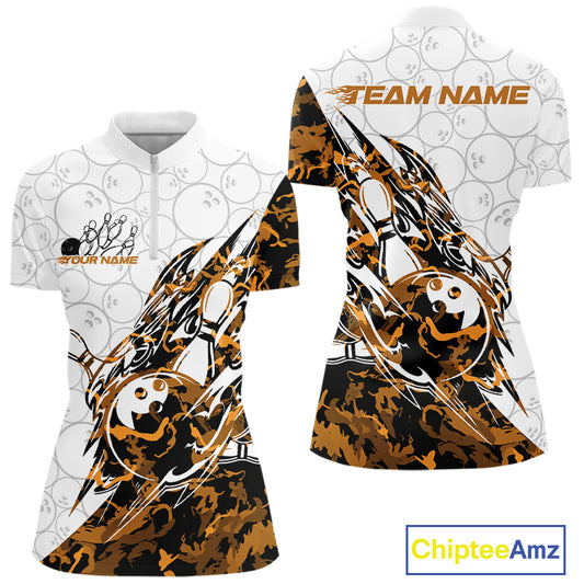 Front and back views of a white womens bowling quarter-zip shirt featuring bowling-themed artwork with sharp orange camo streaks.
