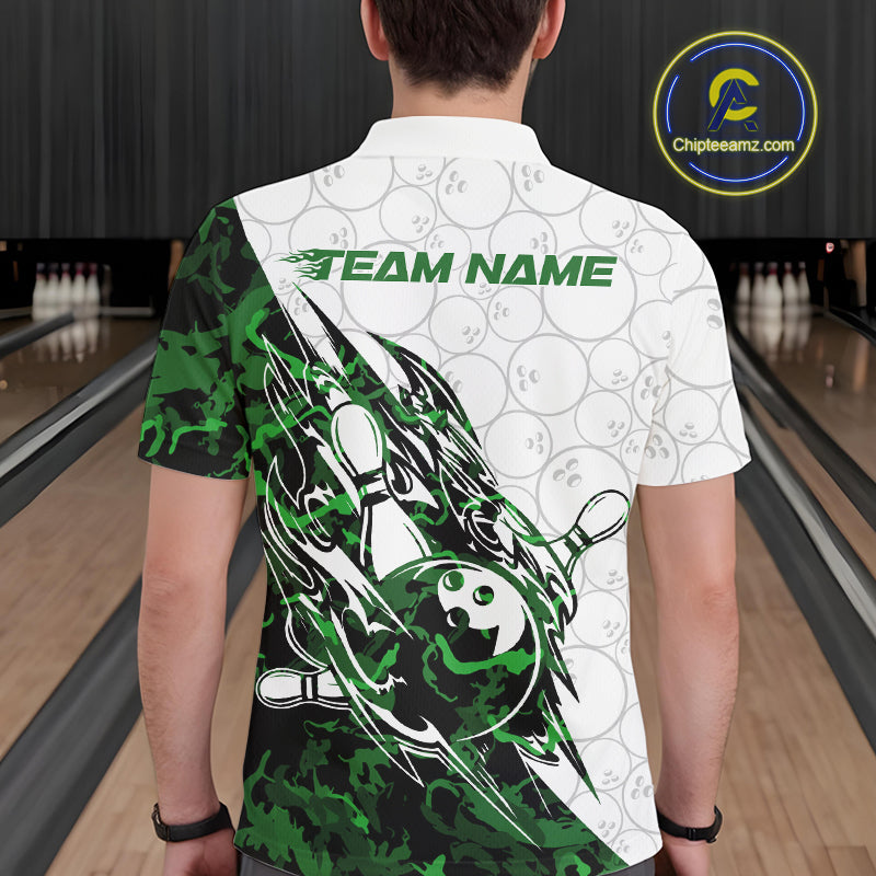Back view of a male model in a white bowling polo shirt showcasing green camo streak accents and bowling graphics.