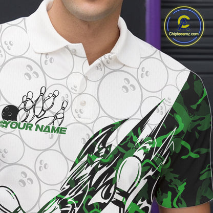 Left chest close-up of a white bowling polo shirt displaying green camo-inspired bowling artwork.