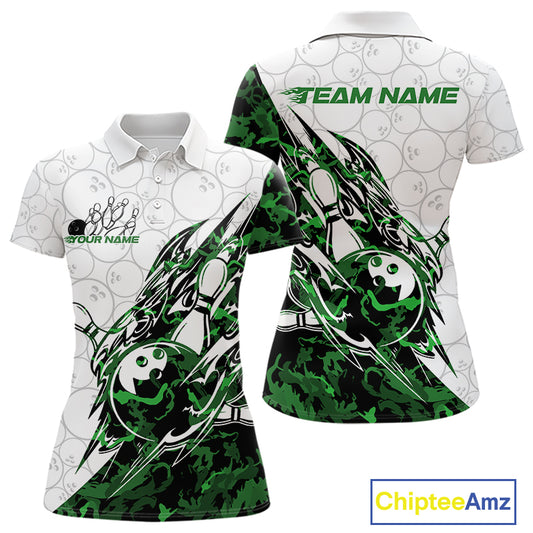 Front and back views of a white womens bowling polo shirt showcasing bowling ball and pin artwork with sharp green camo streaks.