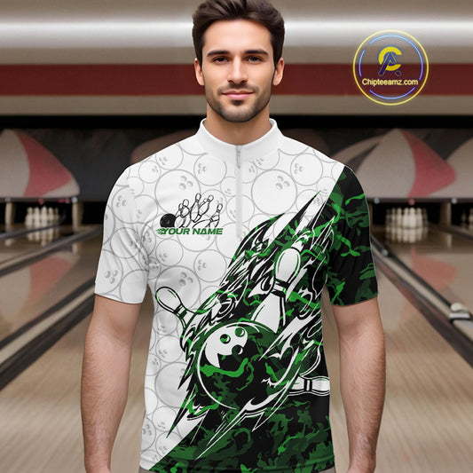 Male model wearing a white bowling quarter-zip shirt at the lane with green camo-inspired bowling graphics and faint bowling ball details.